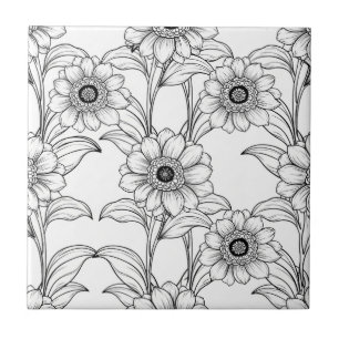 Elegant Black White Floral Line Art Pattern (2) Ceramic Tile