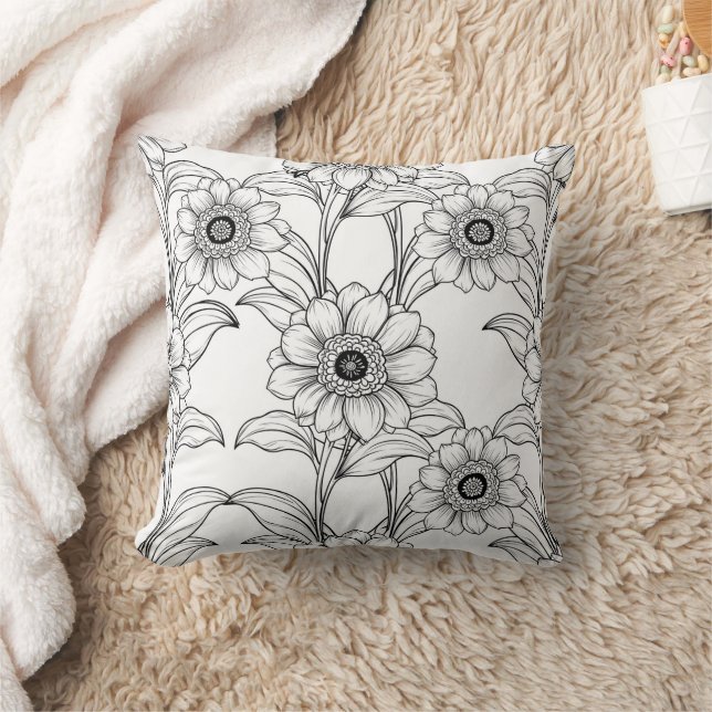 Elegant Black White Floral Line Art Pattern (2) Cushion (Blanket)