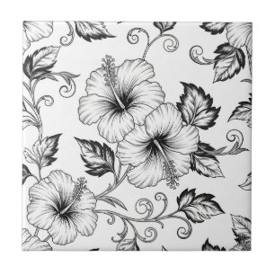 Elegant Black White Floral Line Art Pattern (3) Ceramic Tile