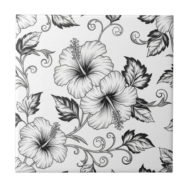 Elegant Black White Floral Line Art Pattern (3) Ceramic Tile (Front)