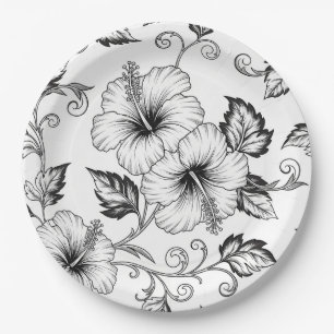Elegant Black White Floral Line Art Pattern (3) Paper Plate
