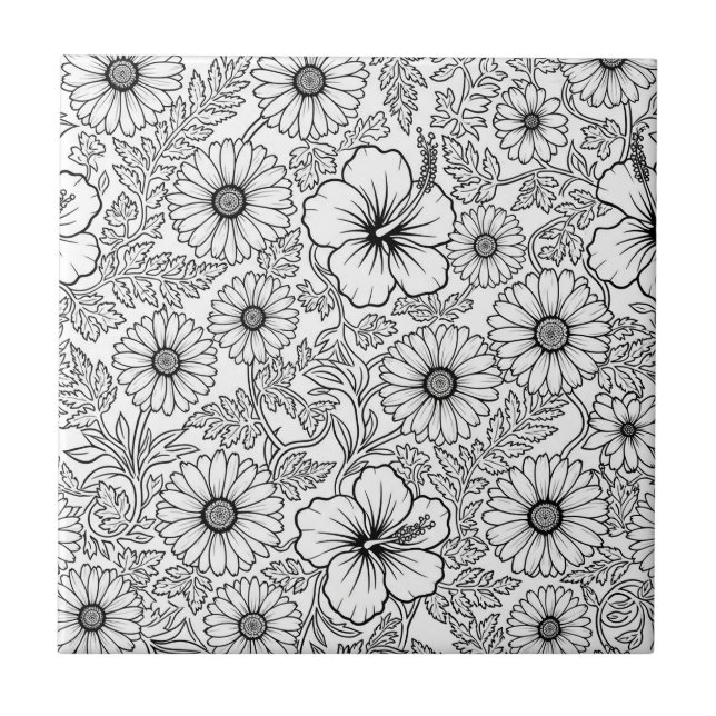 Elegant Black White Floral Line Art Pattern (4) Ceramic Tile (Front)