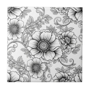 Elegant Black White Floral Line Art Pattern (5) Ceramic Tile