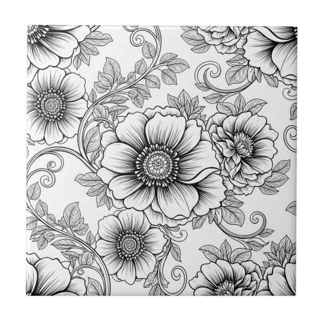 Elegant Black White Floral Line Art Pattern (5) Ceramic Tile (Front)