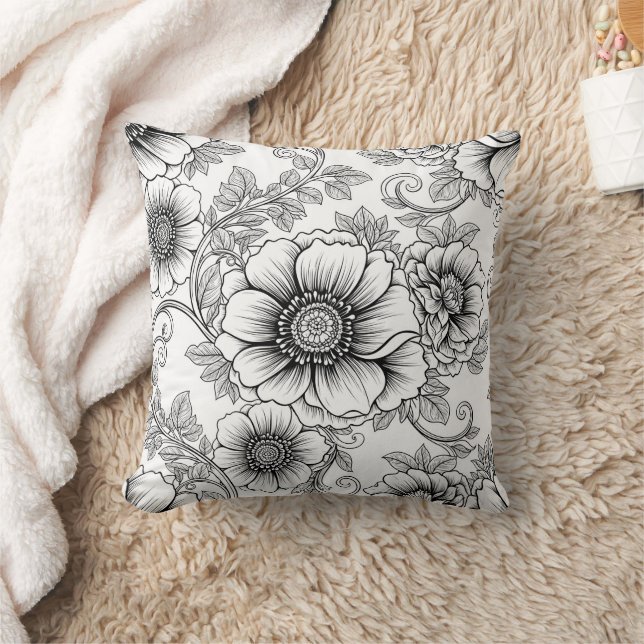 Elegant Black White Floral Line Art Pattern (5) Cushion (Blanket)