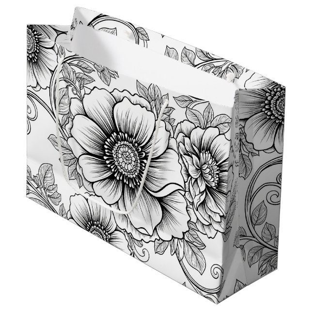 Elegant Black White Floral Line Art Pattern (5) Large Gift Bag (Front Angled)
