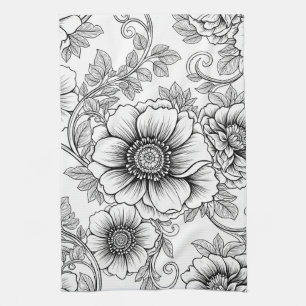 Elegant Black White Floral Line Art Pattern (5) Tea Towel