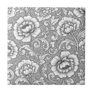 Elegant Black White Floral Line Art Pattern (6) Ceramic Tile