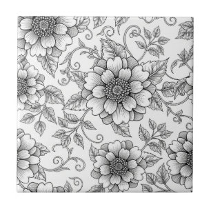 Elegant Black White Floral Line Art Pattern (7) Ceramic Tile
