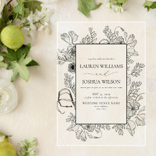 Elegant Black White Floral Line Art Wedding Acrylic Invitations