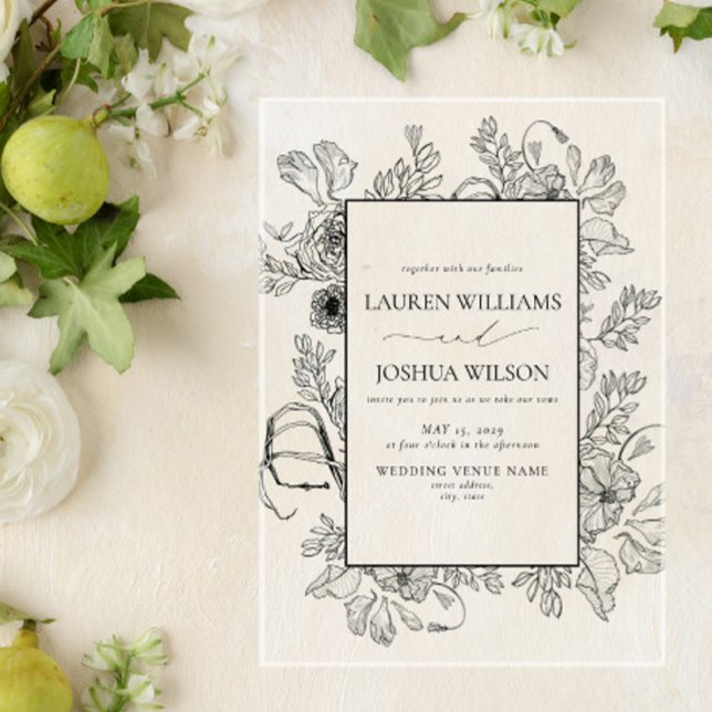 Elegant Black White Floral Line Art Wedding Acrylic Invitations (Creator Uploaded)