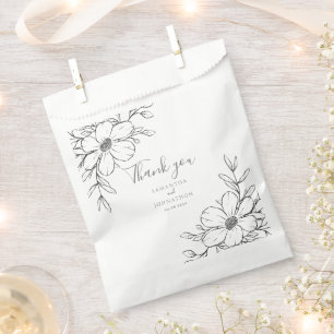 Elegant Black White Floral Line Drawing Wedding Favour Bag