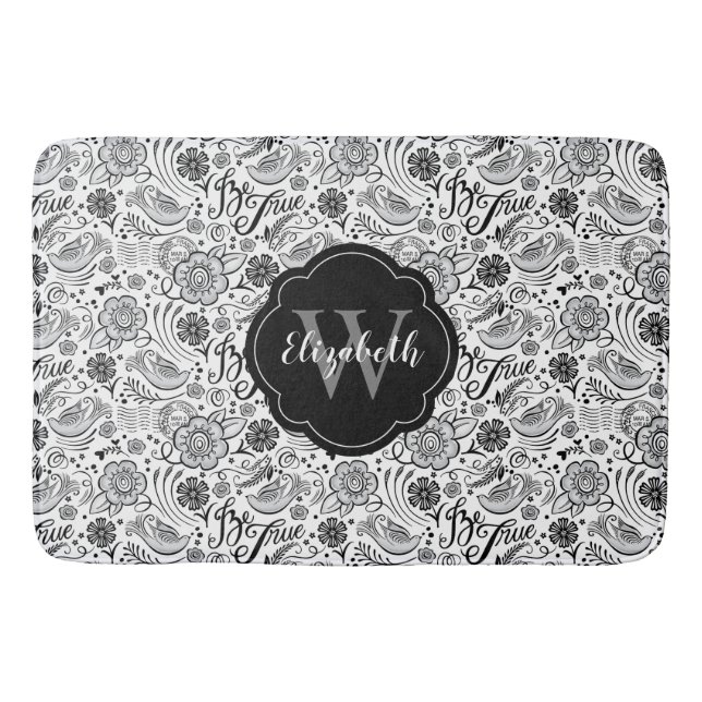 Elegant black white Floral Monogram Bath Mat (Front)