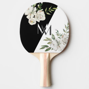 Elegant Black & White Floral Monogram Initials  Ping Pong Paddle