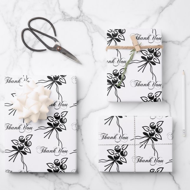 Elegant Black/ White Floral Motif Thanks Occasion Wrapping Paper Sheet (Front)