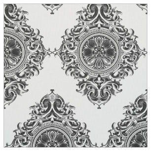 Elegant Black & White Floral Ornament Fabric