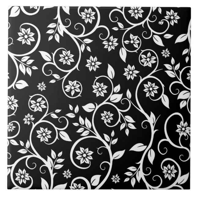 Elegant black &white floral pattern  ceramic tile (Front)