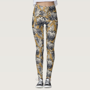 Elegant Black & White Floral Pattern on Mustard Go Leggings
