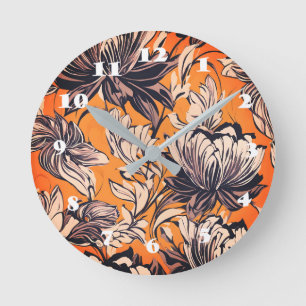 Elegant Black & White Floral Pattern on Mustard Go Round Clock
