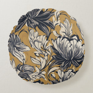 Elegant Black & White Floral Pattern on Mustard Go Round Cushion