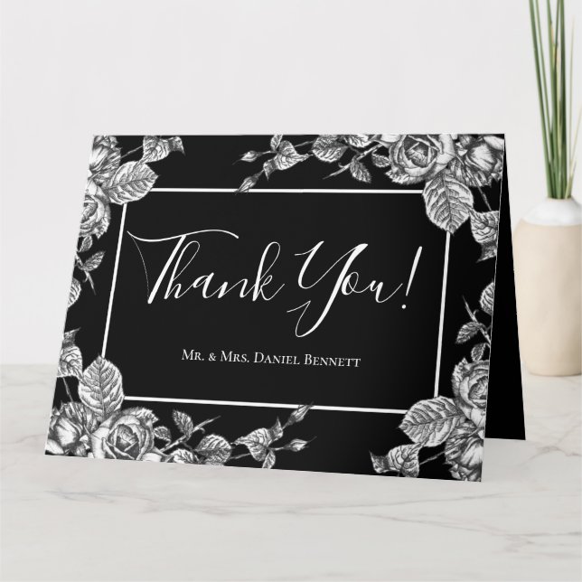 Elegant Black White Floral Photo Sentiment Thank You Card (Front)
