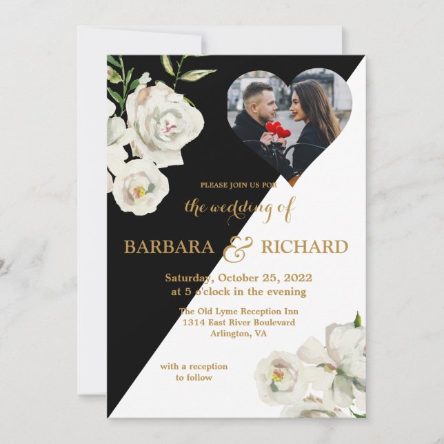 Elegant Black White Floral Photo Wedding  Invitation (Front)