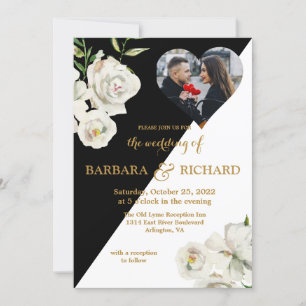 Elegant Black White Floral Photo Wedding Invitation