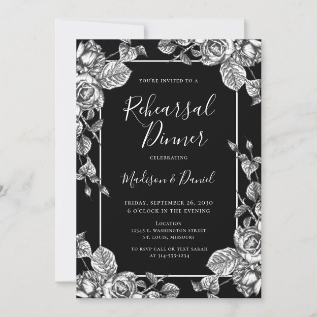 Elegant Black White Floral Rehearsal Dinner Invitation (Front)