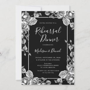 Elegant Black White Floral Rehearsal Dinner Invitation