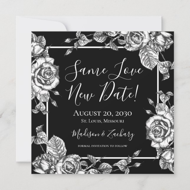 Elegant Black White Floral Same Love New Date Invitation (Front)