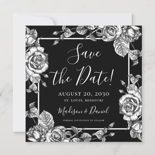 Elegant Black White Floral Save the Date Invitation (Front)