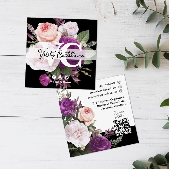 Elegant Black & White Floral Simple Personal Square Business Card (Creator Uploaded)