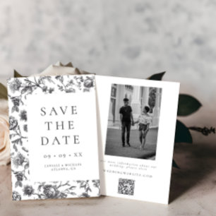 Elegant Black & White Floral Toile Photo Wedding Save The Date