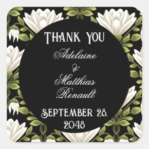 Elegant Black & White Floral Wedding: Calligraphy  Square Sticker
