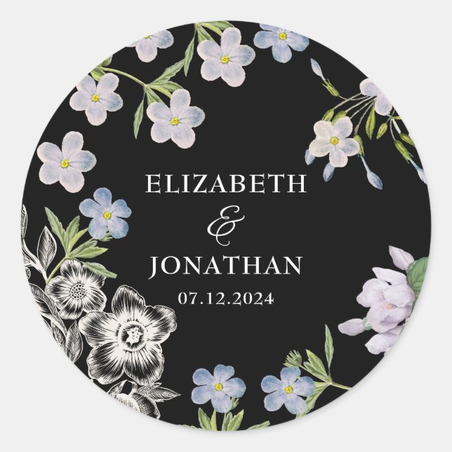 Elegant Black & White Floral Wedding  Classic Round Sticker (Front)