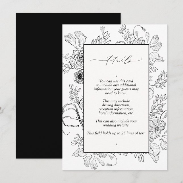 Elegant Black White Floral Wedding Details Enclosure Card (Front/Back)