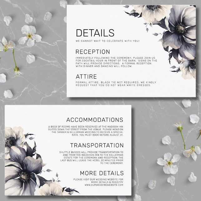 Elegant Black White Floral Wedding Details Enclosure Card (Modern Boho Floral Black White Wedding Details Enclosure Card)