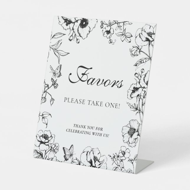 Elegant Black White Floral Wedding Favors Pedestal Sign (Front)