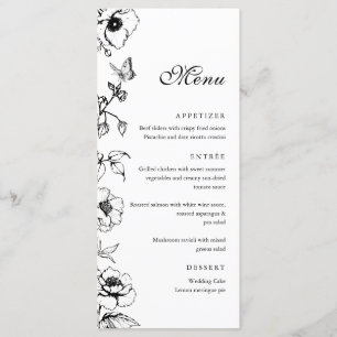 Elegant Black & White Floral Wedding Flat Menu