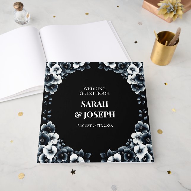Elegant Black White Floral Wedding Guest Book (Front Open)