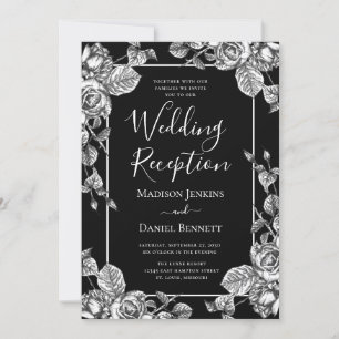 Elegant Black White Floral Wedding Reception Invitation