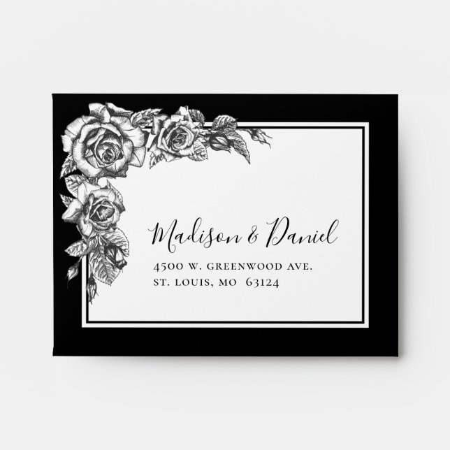 Elegant Black White Floral Wedding RSVP Envelope (Front)
