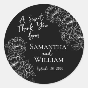 Elegant Black White Floral Wedding Thank You Favor Classic Round Sticker