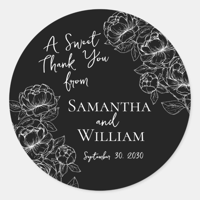 Elegant Black White Floral Wedding Thank You Favou Classic Round Sticker (Front)