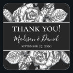 Elegant  Black White Floral Wedding Thank You Square Sticker<br><div class="desc">These Elegant Black White Floral Thank You Stickers are elegant, modern, chic, and charming - perfect for a garden, botanical, rustic, romantic, floral, formal or vintage wedding. Their exquisite combination of graceful black and white roses and wispy foliage is flowy, delicate, and beautiful. Their monochromatic design is stunning and classic....</div>