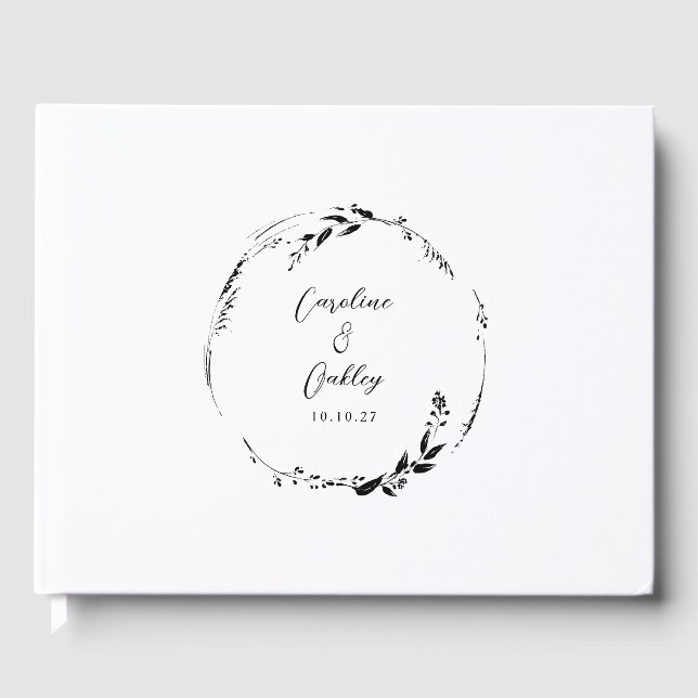 Elegant Black White Floral Wreath Wedding Custom Guest Book (Front)