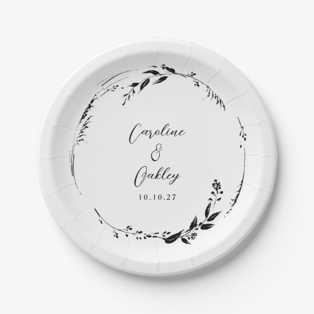 Elegant Black White Floral Wreath Wedding Custom Paper Plate (Front)