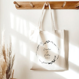 Elegant Black White Floral Wreath Wedding Custom Tote Bag