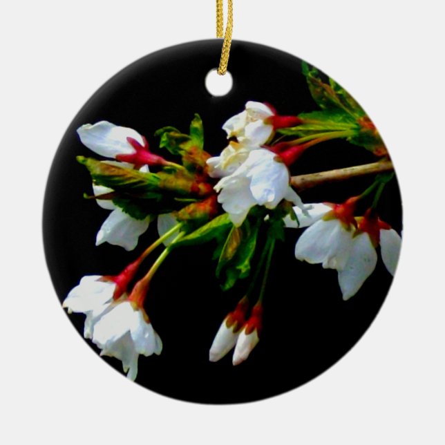 Elegant Black White flowering white Blossom Ceramic Tree Decoration (Front)