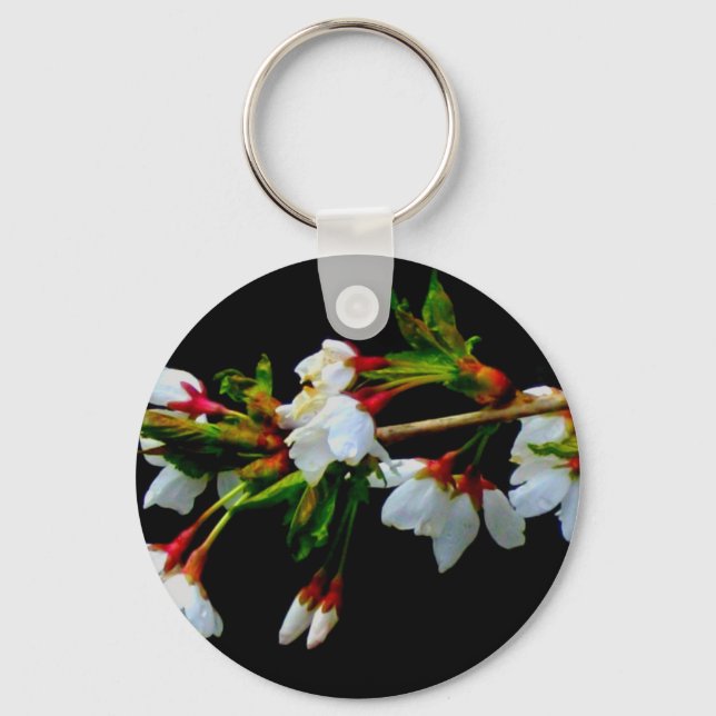 Elegant Black White flowering white Blossom Key Ring (Front)